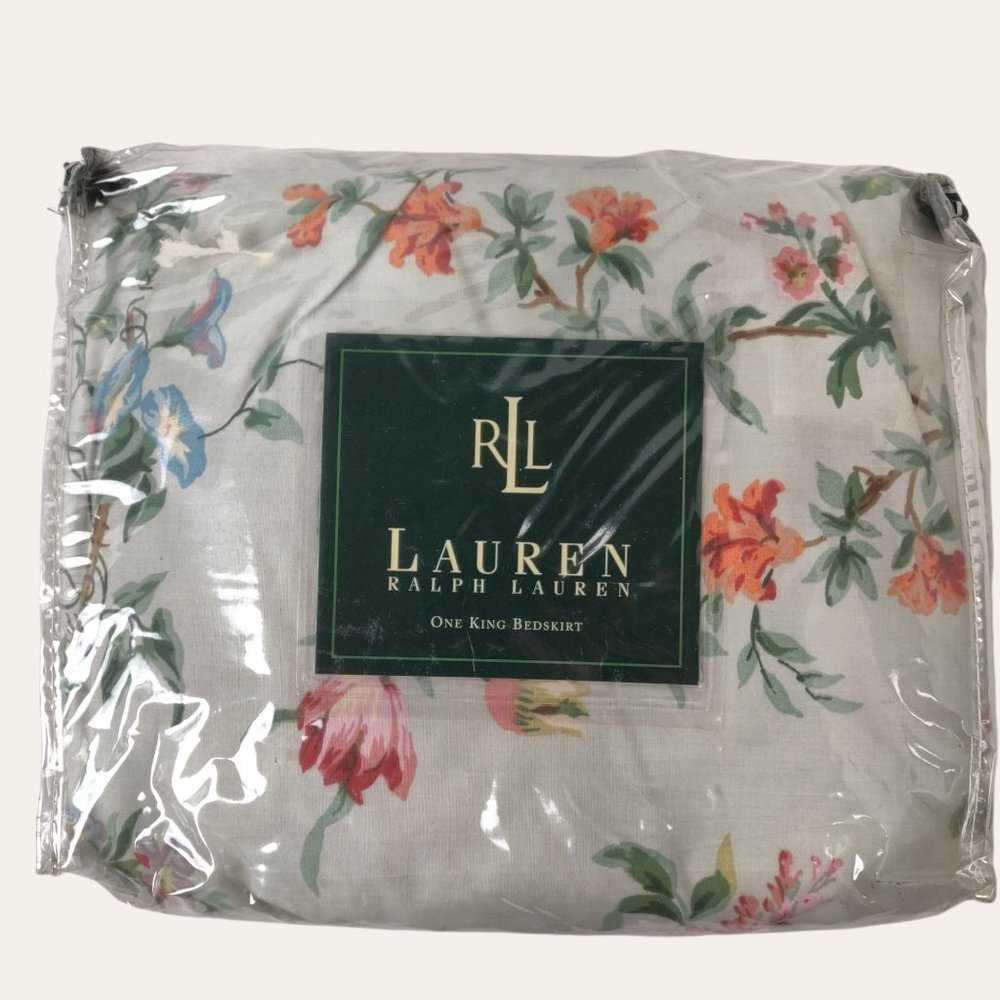 Ralph Lauren Toulouse Floral KING Bed Skirt NEW Dust Ruffle Pewter Blue Green